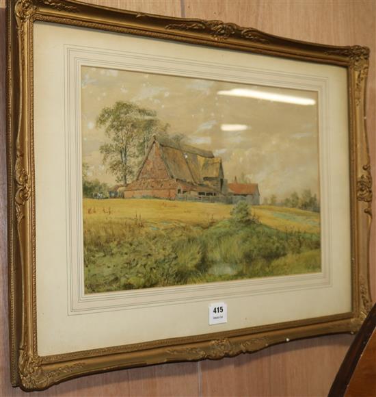 Charles Harmony Harrison, watercolour, Thatching a barn, signed and dated 1881, 35 x 53cm